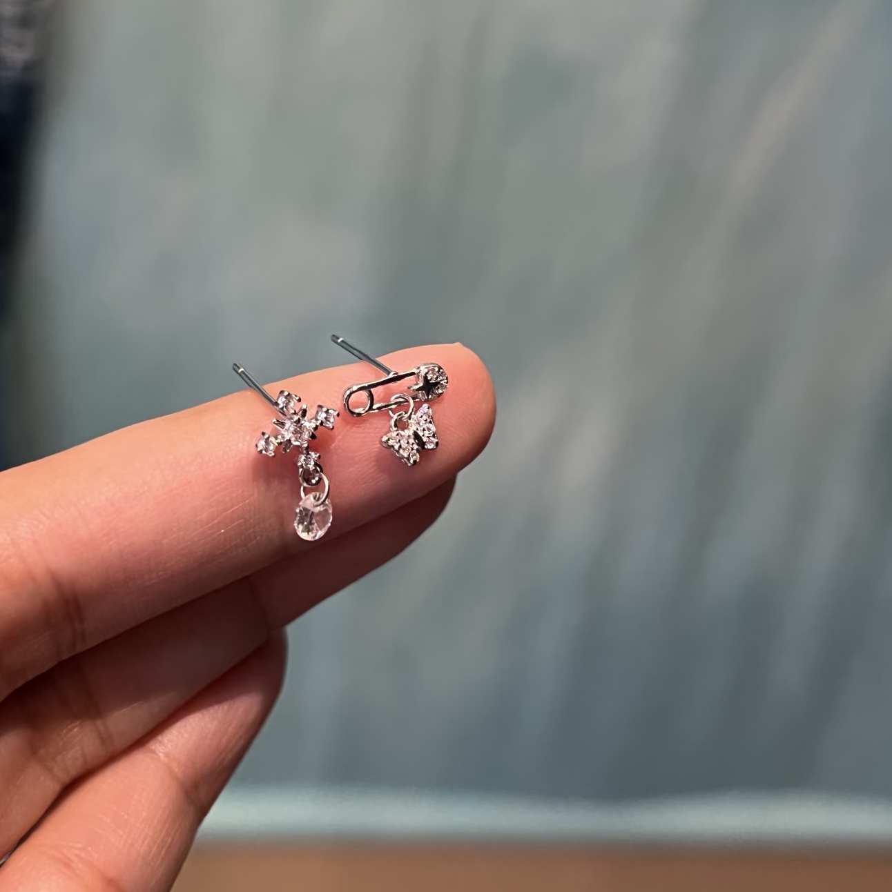 十里间【通体s925银雪花别针】甜美ins回形针水滴不对称耳环耳钉