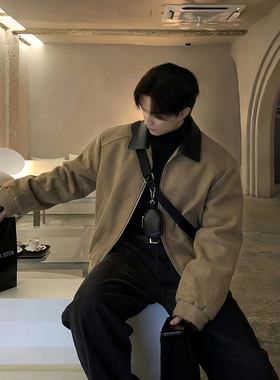 ASCLO&QIAO男士皮领拼接毛呢夹克巴恩风宽松短款外套高级感翻领