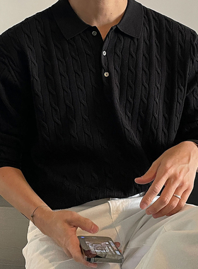 ASCLO&QIAO麻花纹polo领针织衫宽松休闲老钱风男士套头毛衣宽松型