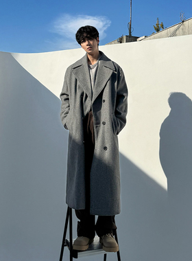 ASCLO&QIAO韩版男士高级松弛感毛呢大衣新款双排扣宽松极简风外套