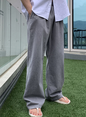 ASCLO&QIAO秋季休闲裤男松紧腰长裤宽松百搭显瘦帅气牛仔布直筒裤