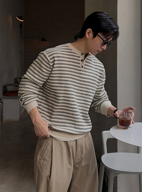 ASCLO&QIAO韩风小众设计亨利领条纹针织衫男宽松休闲套头毛衣复古