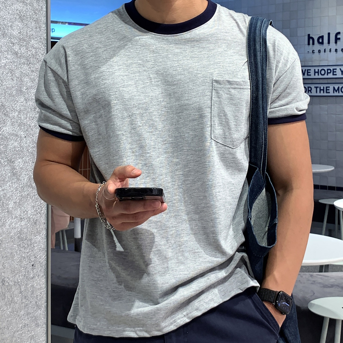 ASCLO&QIAO夏季韩版短袖T恤男圆领休闲百搭宽松帅气青年潮流拼色