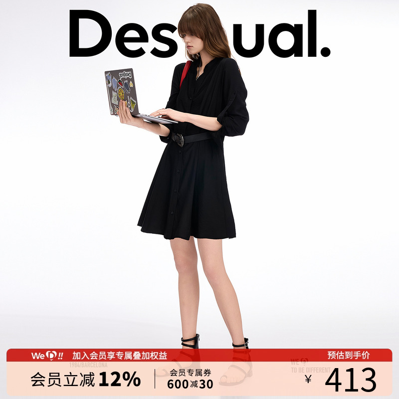 Desigual25春夏新款黑色收腰V领中长款长袖衬衫连衣裙（含腰带）