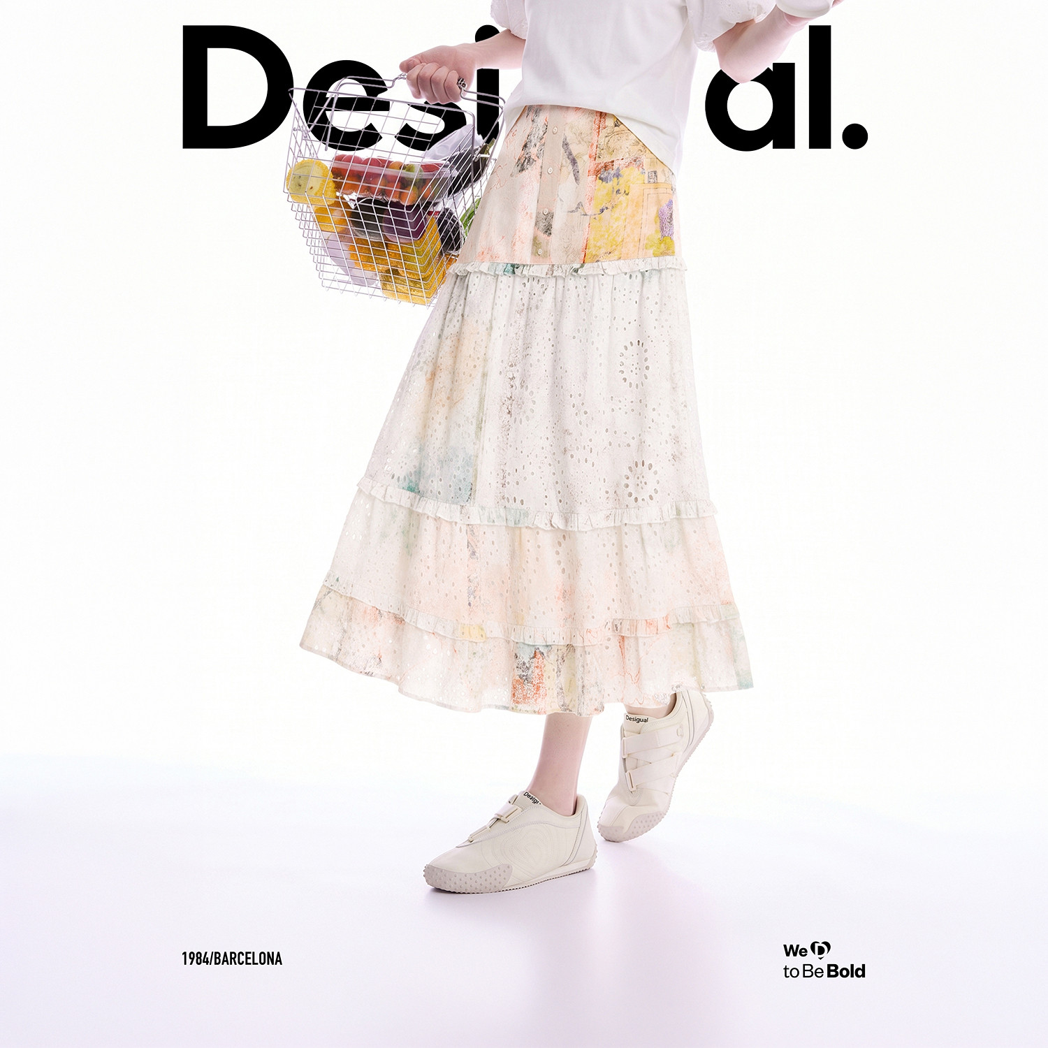 Desigual26秋冬新品水彩花卉拼贴镂空刺绣高腰蛋糕长款半身裙