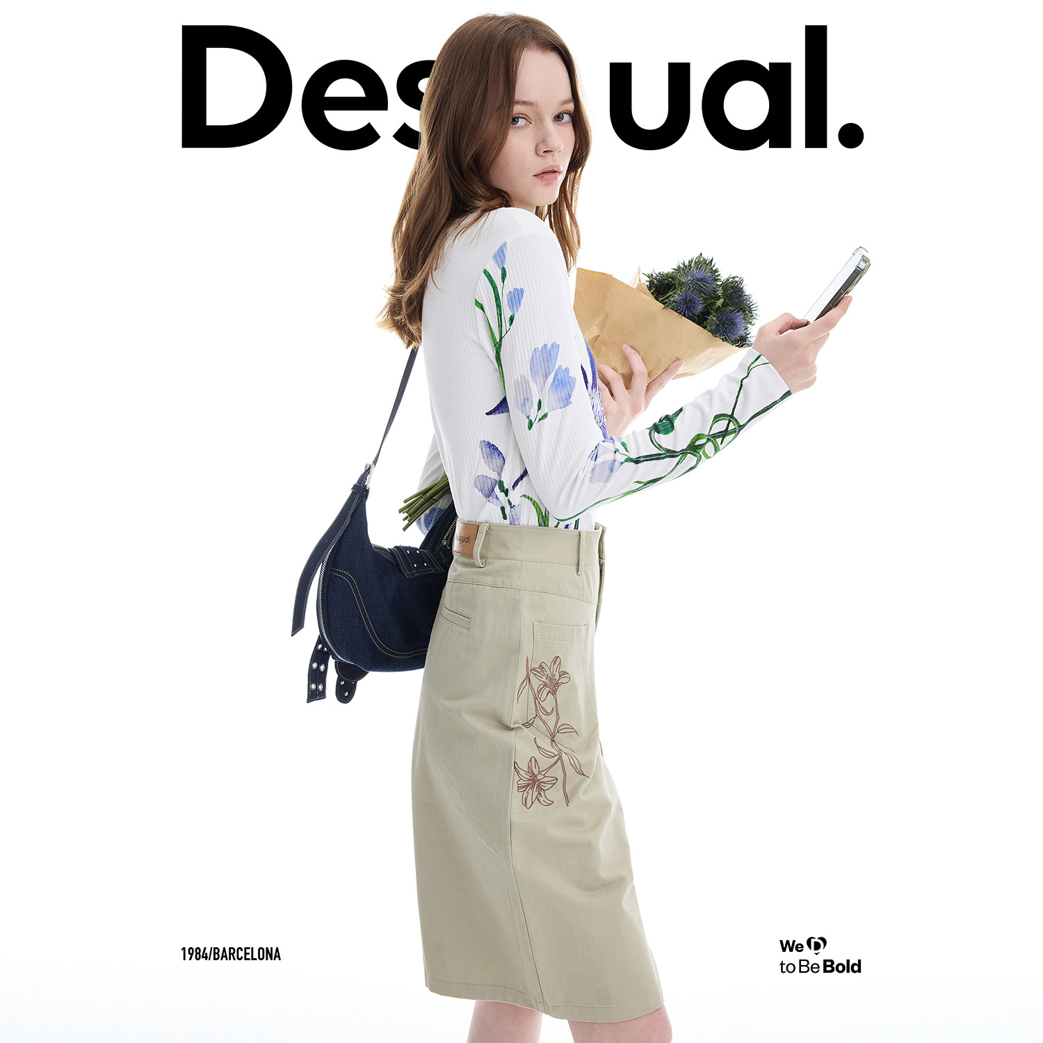 【呼呼专享】Desigual弹力修身手绘花朵印花坑条圆领长袖女式T恤