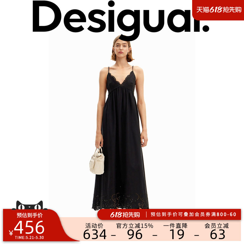 Desigual蕾丝黑色收腰显瘦长款女士吊带连衣裙无袖V领露背