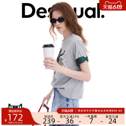 Desigual26春夏新品宽松格纹印花贴布圆领短袖女式T恤