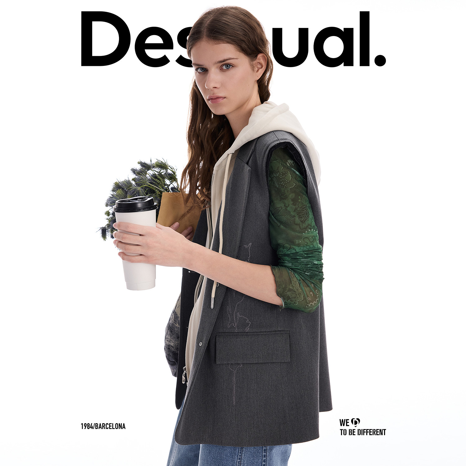 Desigual26春夏新品宽松拼接连帽卫衣花卉刺绣女式外套马甲