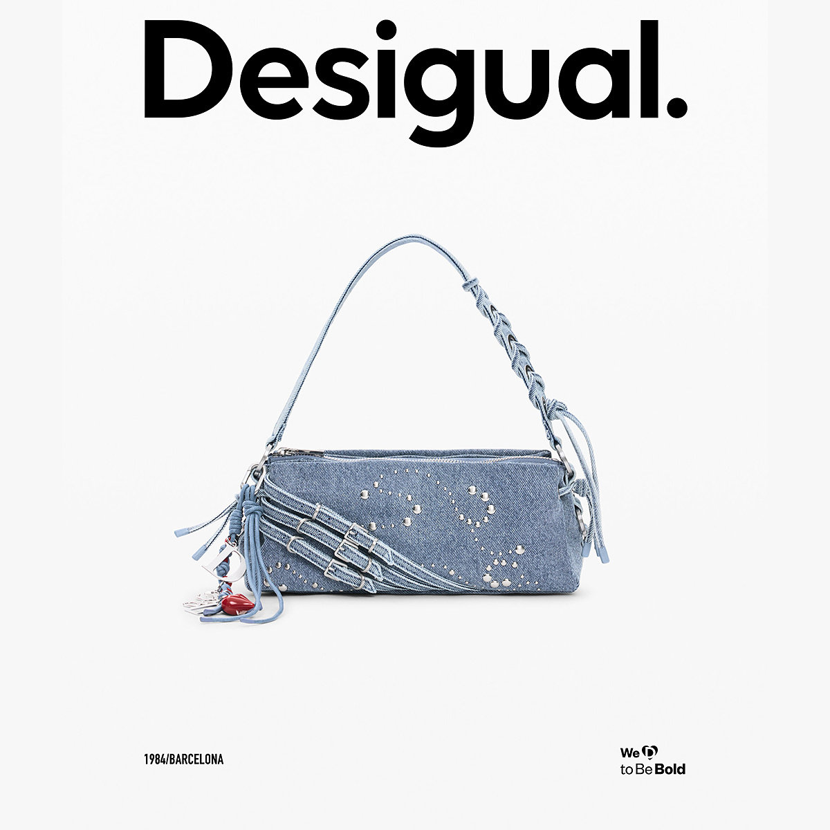 Desigual26秋冬新品水洗浅蓝牛仔铆钉设计女式手提单肩斜挎包