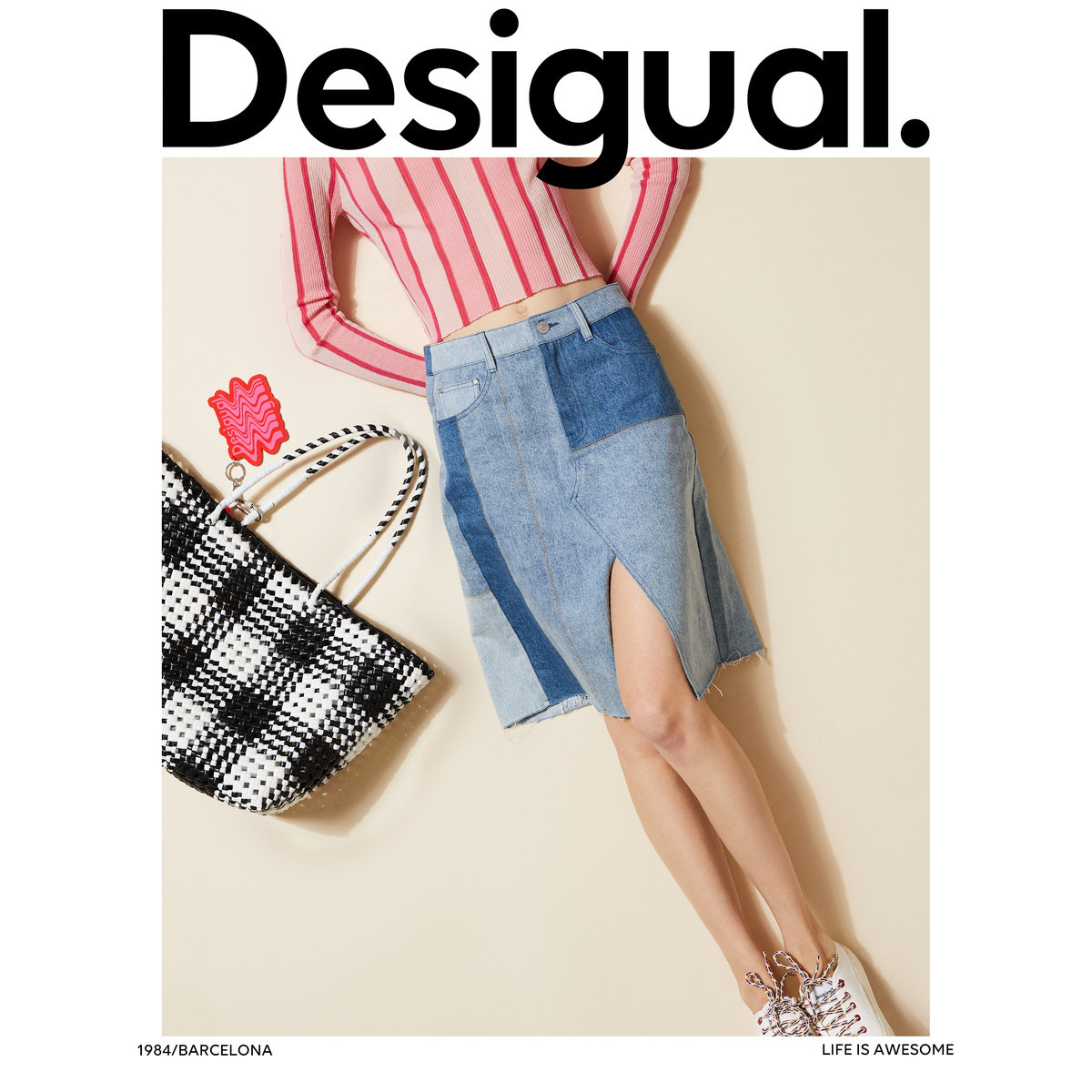 Desigual【西班牙时尚奢品】牛仔直筒拼接撞色明线开衩女式半身裙