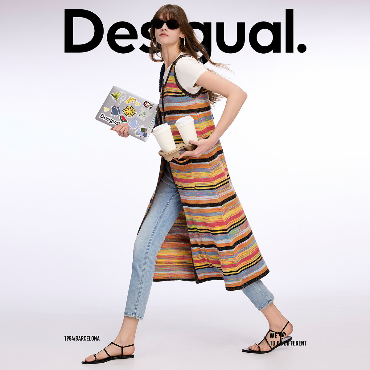 Desigual【明星同款】26春夏条纹段染纱针织开襟彩色长款连衣裙