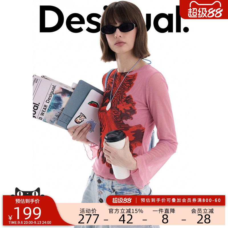 【LACROIX联名】Desigual新品网纱手绘兰花印花女式T恤图片