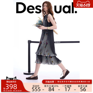 Desigual26春夏新品插画印花百褶双层荷叶边无袖长款女式连衣裙
