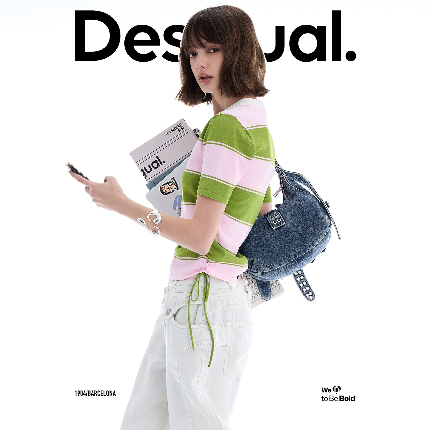 Desigual新品撞色条纹拼接polo领短袖女式针织T恤