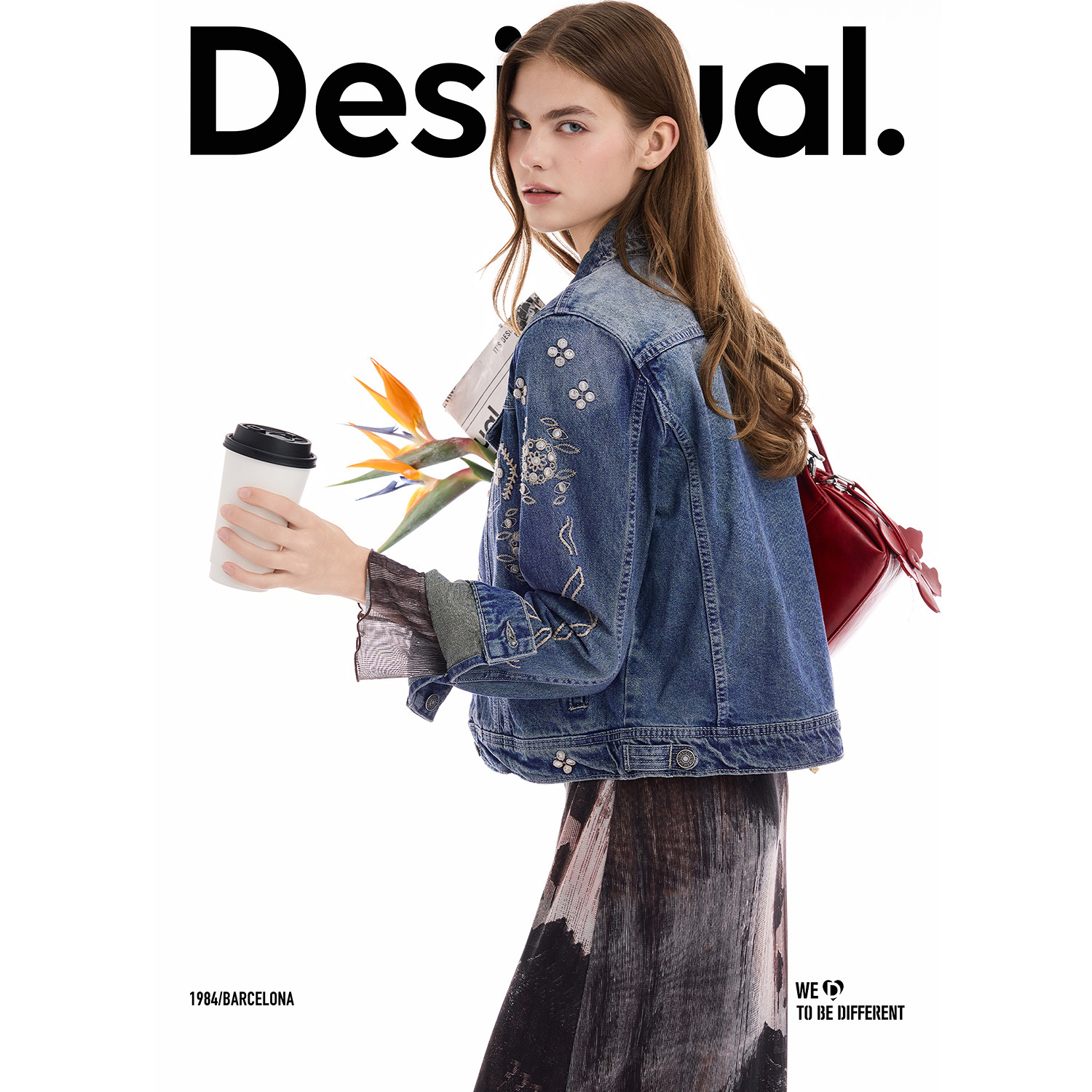 Desigual大西瓜亮丝刺绣花卉牛仔女士外套