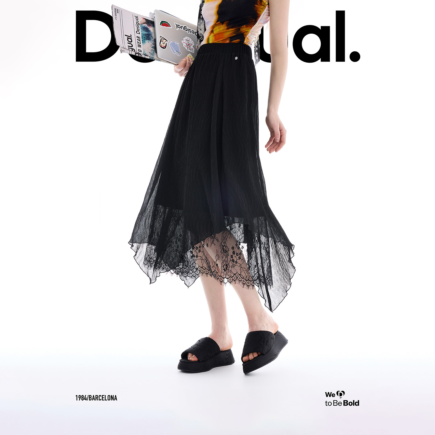 Desigual26春夏新品压皱肌理不对称下摆拼接蕾丝女式半身裙