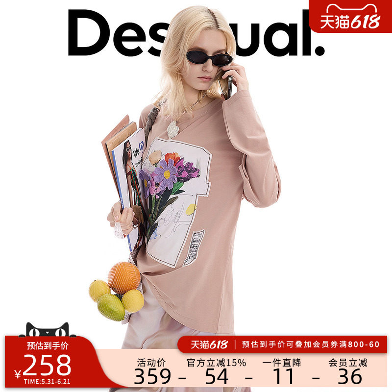 Desigual26春夏新品宽松插画印花贴布立体花圆领长袖女式T恤