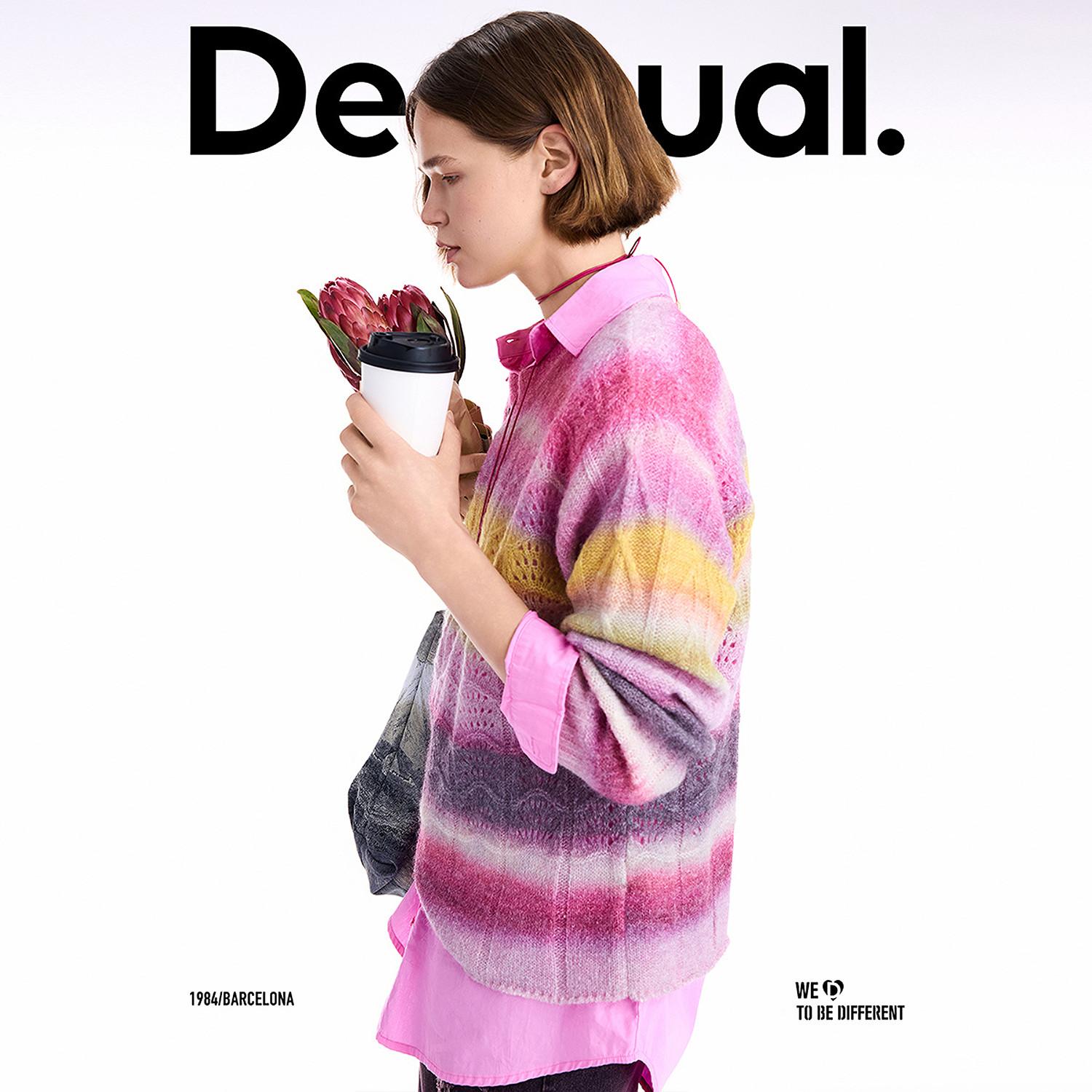 【保暖羊毛混纺】Desigual绞花彩色条纹印花女士针织衫