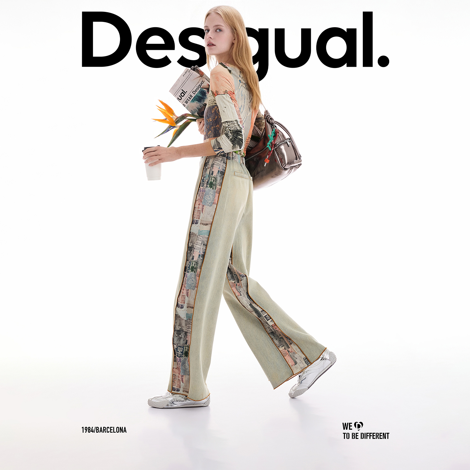 Desigual25秋冬新品弹力拼贴插画印花弹力女士T恤