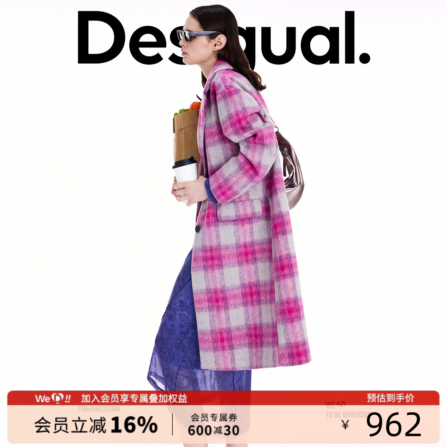 Desigual25秋冬新品格纹枪驳领单排扣女士大衣