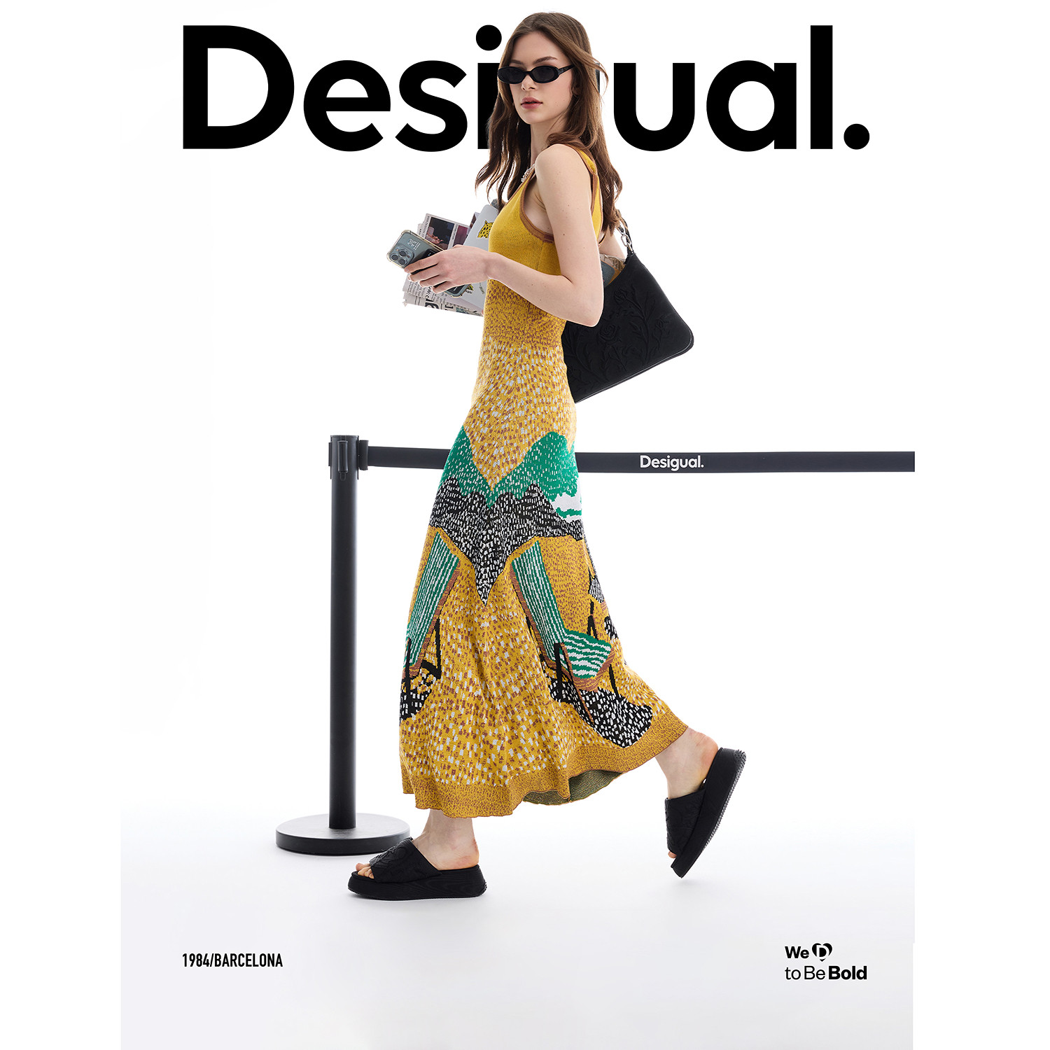 Desigual26春夏新品修身沙滩插画提花圆领无袖长款女式针织连衣裙