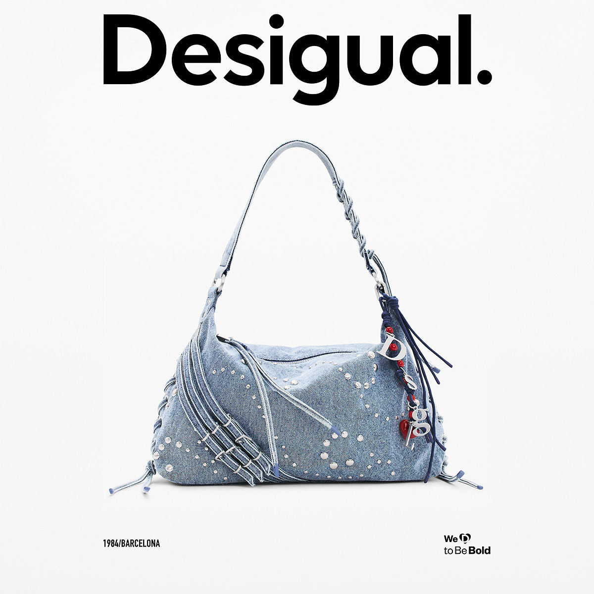 Desigual26秋冬新品水洗浅蓝牛仔铆钉设计大容量手提单肩斜挎包