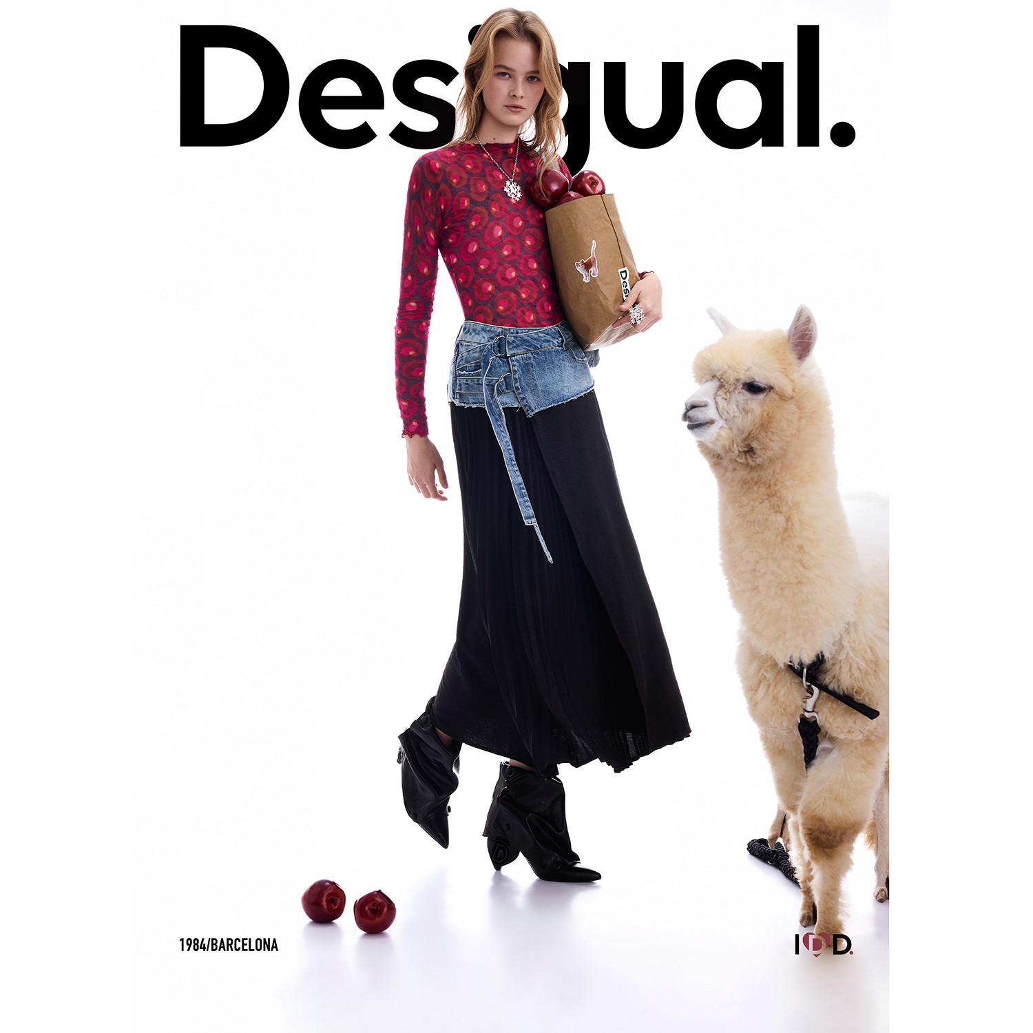 Desigual26秋冬新品牛仔腰封拼接百褶围裹式女式半身裙