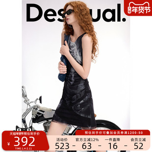 Desigual印花网纱弹力修身抽褶无袖短款连衣裙