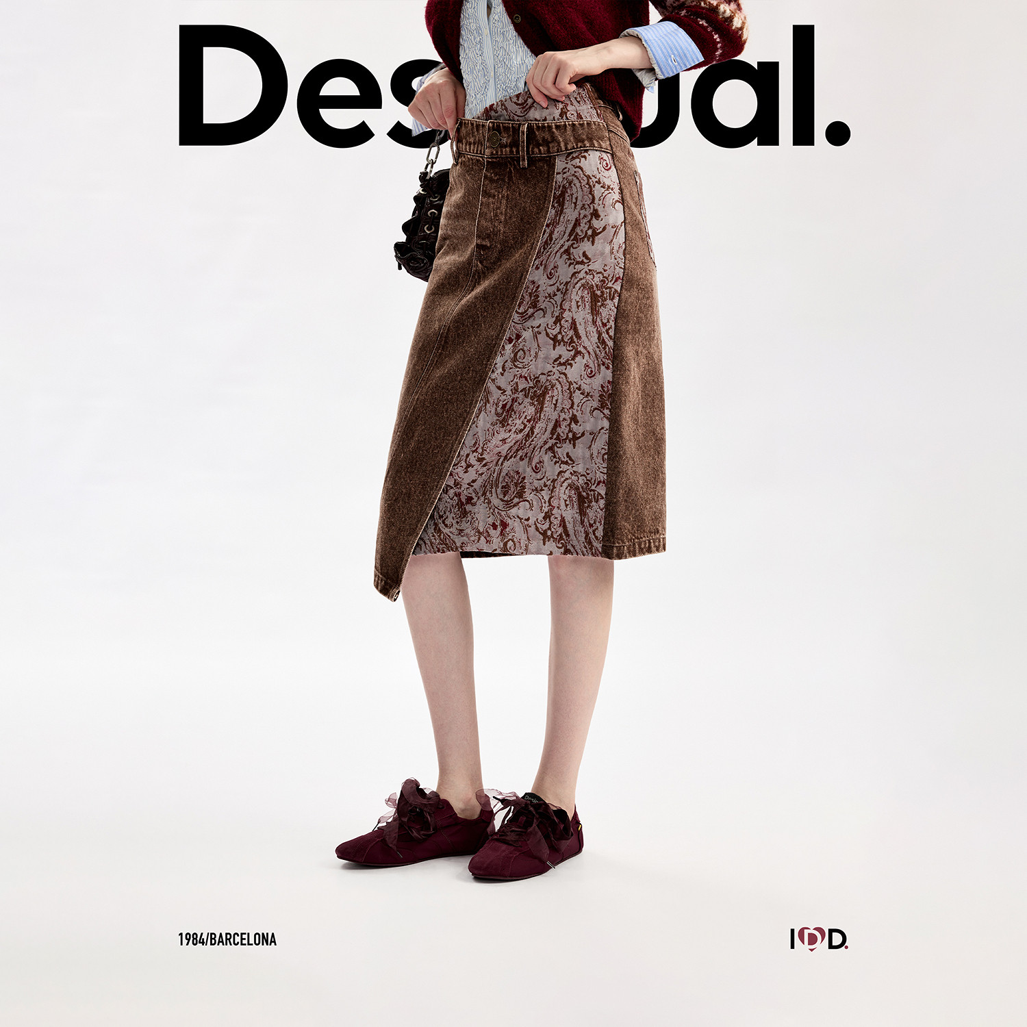【超能小太阳】Desigual提花拼接牛仔开衩女式半身裙