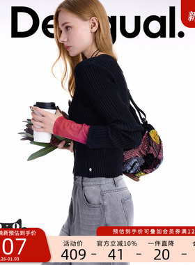 Desigual25秋冬新品弹力坑条黑色开衫女士针织衫