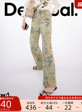 Desigual26春夏新品直筒牛仔玫瑰印花女式牛仔裤