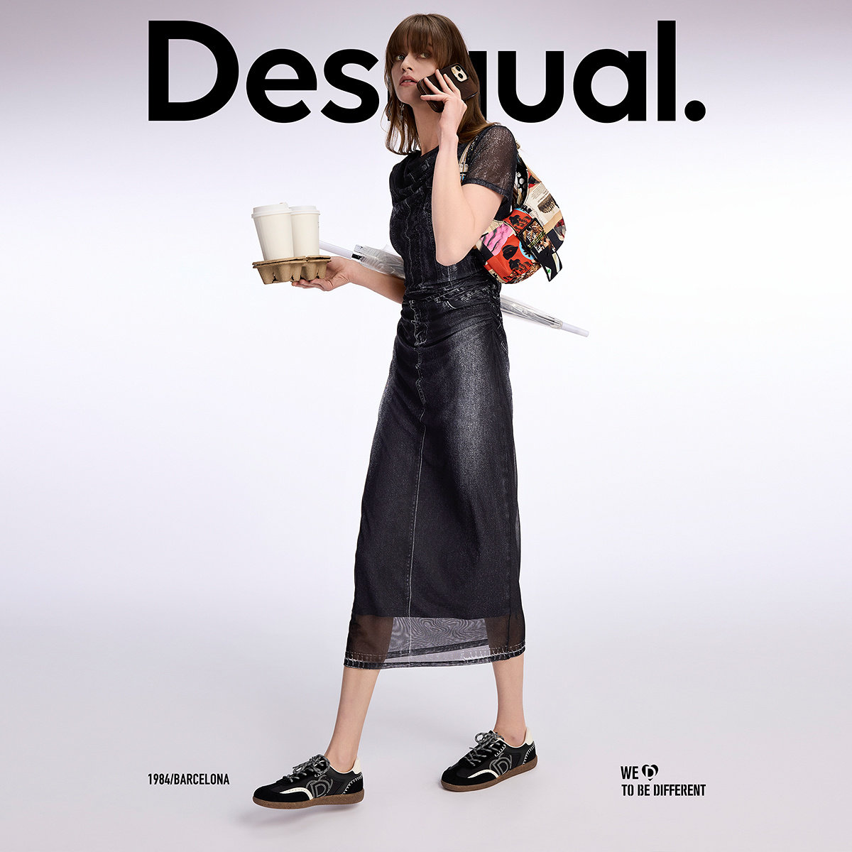 Desigual轻薄网纱仿牛仔印花修身弹力连衣裙