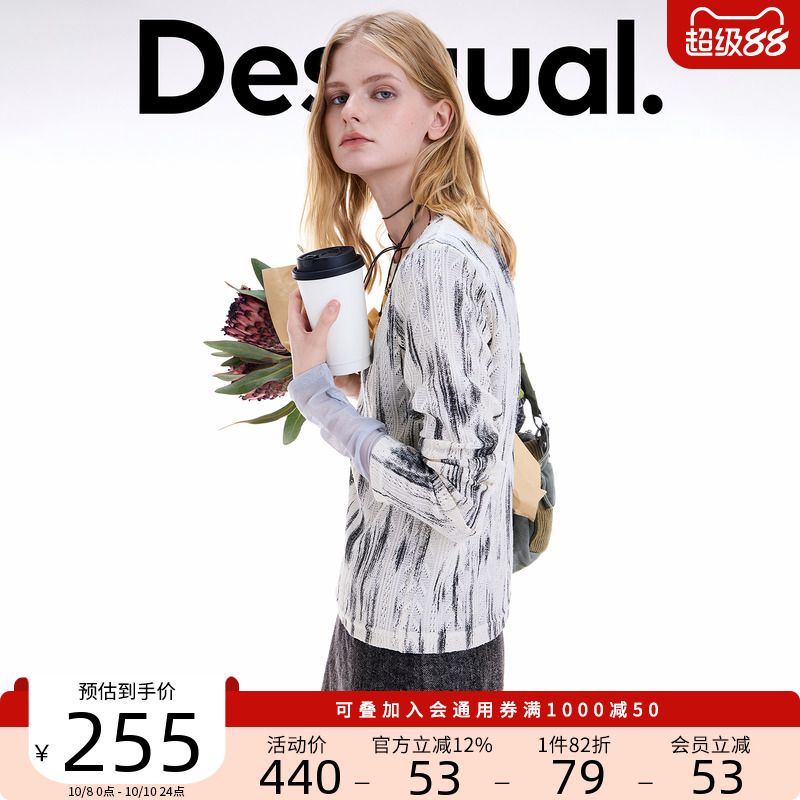 Desigual25秋冬新品修身镂空针织印花圆领女士针织衫