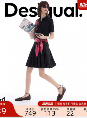 Desigual26春夏新品手绘花卉印花黑色罗纹拼接腰带装饰女式连衣裙