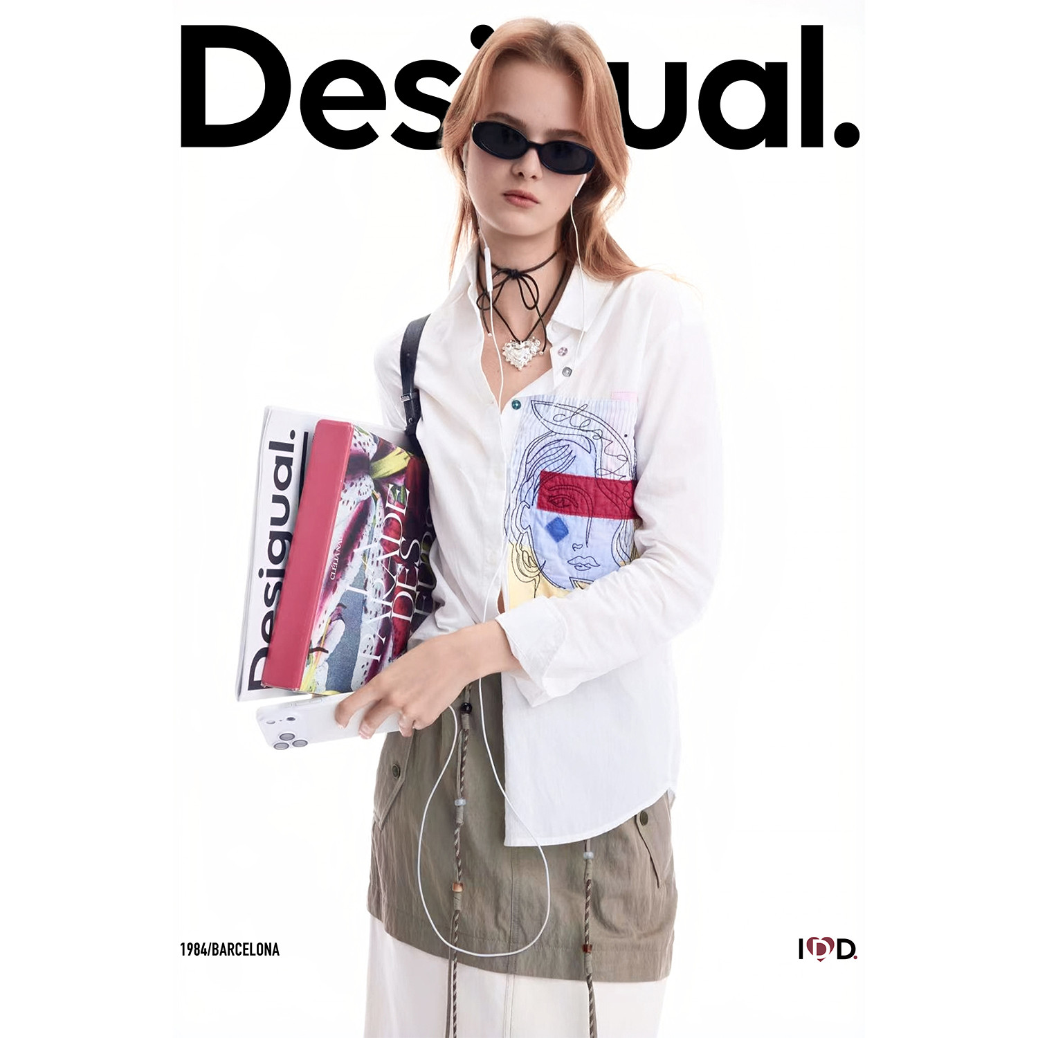 Desigual26秋冬新品宽松人像贴布绣花长袖女式衬衫