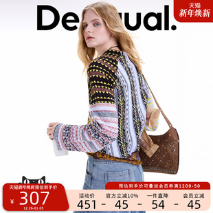 Desigual25秋冬新品 撞色彩色条纹拼接女士针织衫