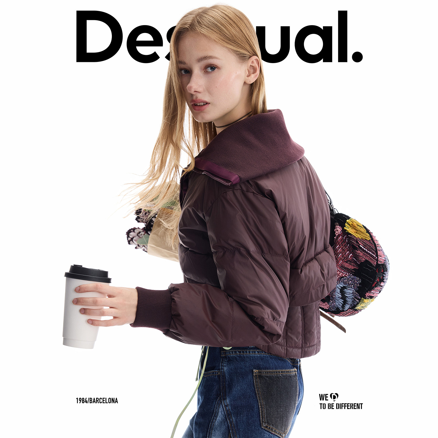 Desigual合体束腰款针织拼接翻领紫红色棉服女士外套