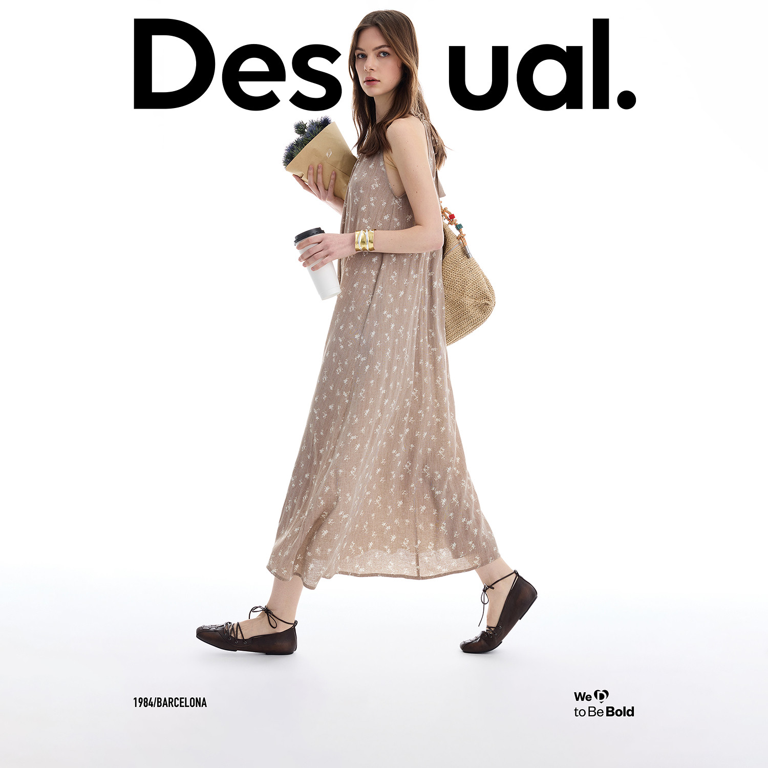 Desigual新品修身挂脖麻花领碎花无袖长款女式连衣裙