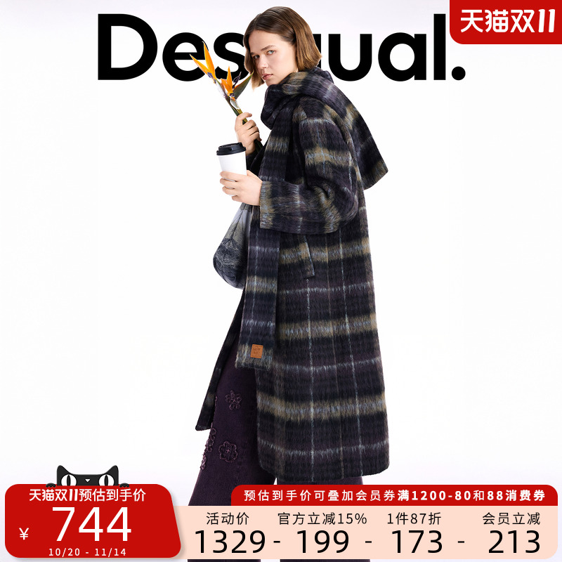 Desigual25秋冬新品格纹毛呢围巾领女士大衣