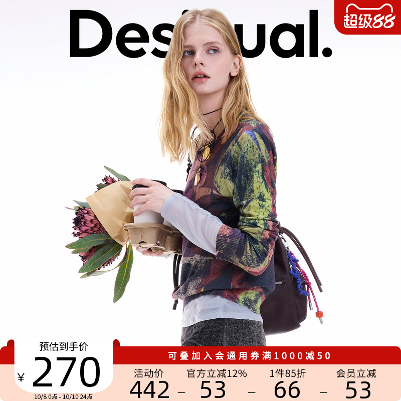 Desigual25秋冬新品拼贴版画风格印花圆领女士针织衫