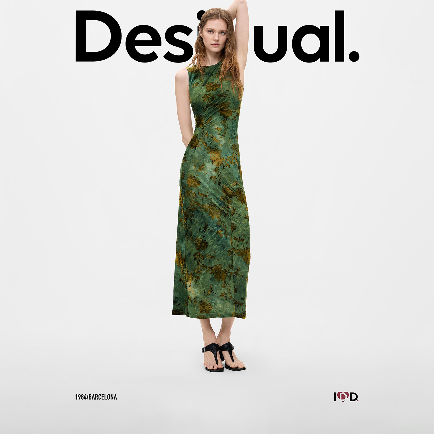 Desigual26秋冬新品湖水绿扎染花卉植绒无袖侧扭褶长款连衣裙