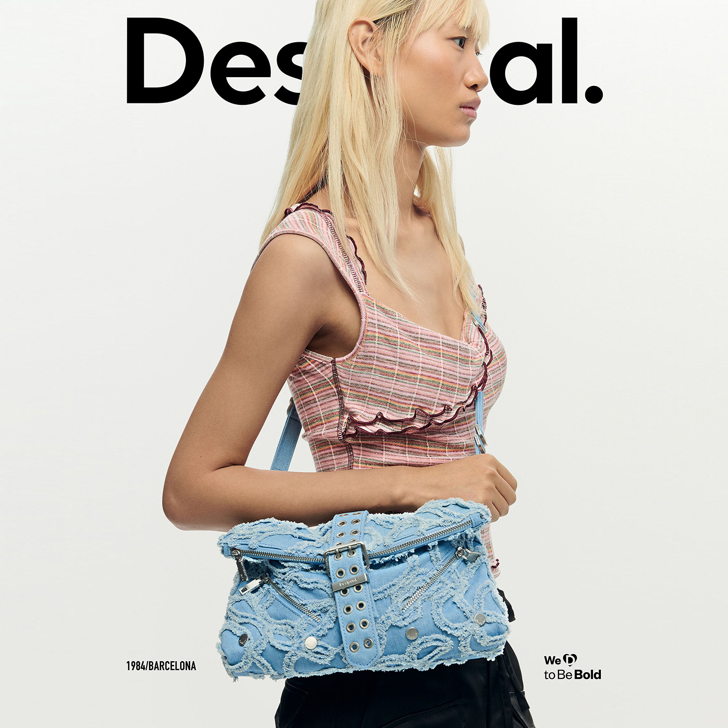 Desigual26春夏新品牛仔毛边剪花多口袋单肩斜挎手提包