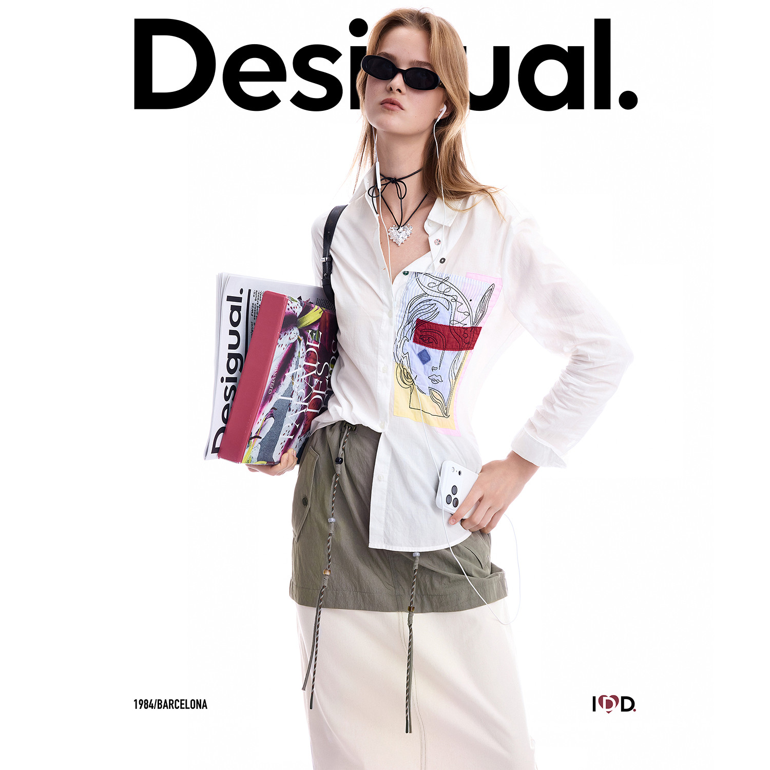 Desigual26秋冬新品宽松人像贴布绣花长袖女式衬衫