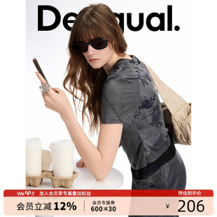 短袖 女士T恤 玫瑰仿牛仔印花雙層拼接修身 Desigual25春夏新款