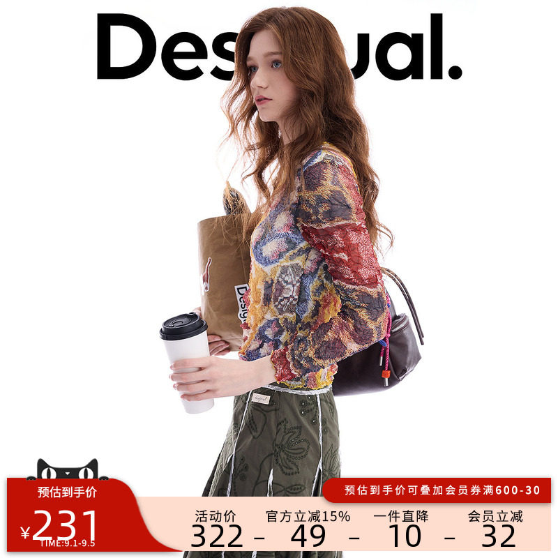 Desigual新品Lacroix联名轻薄褶皱手绘抽象印花女式T恤图片