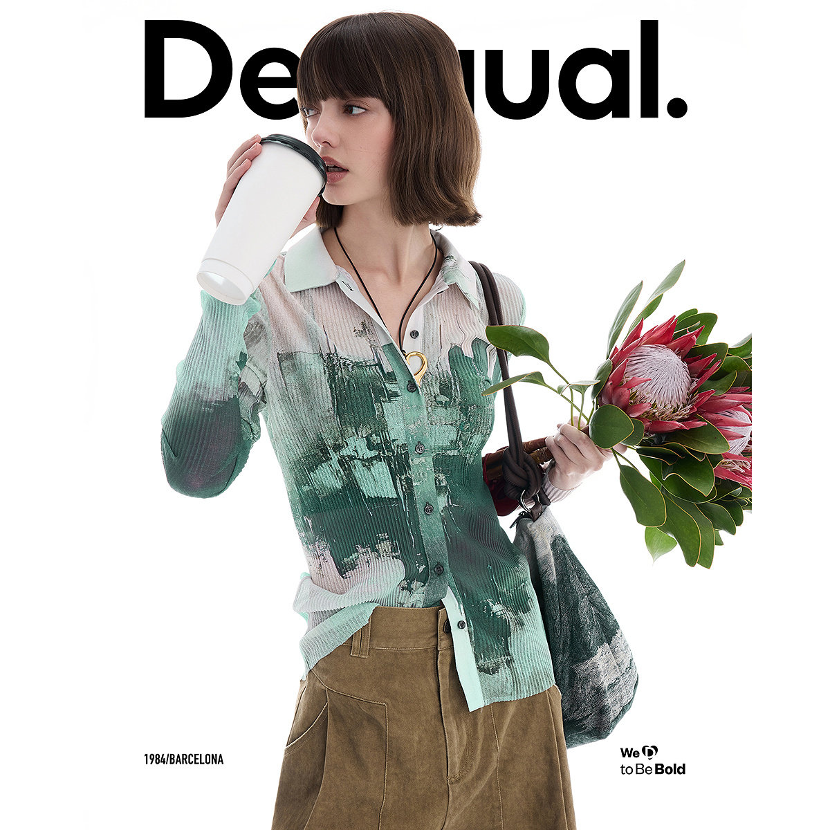 Desigual26春夏新品弹力修身城市印花压皱翻领长袖女式衬衫