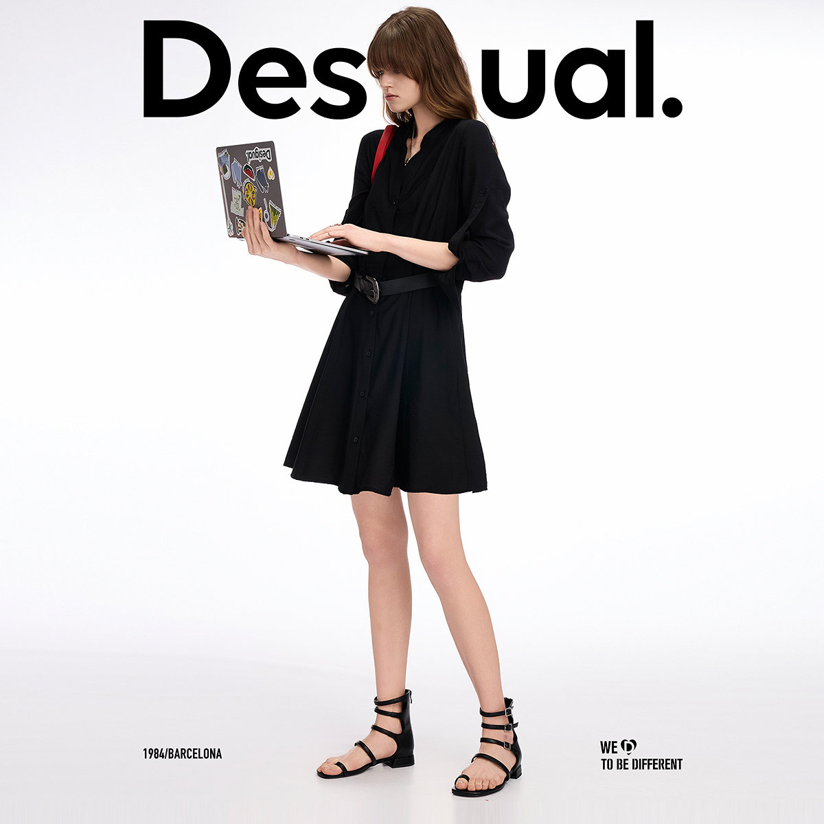 Desigual黑色收腰V领中长款长袖衬衫连衣裙（含腰带）