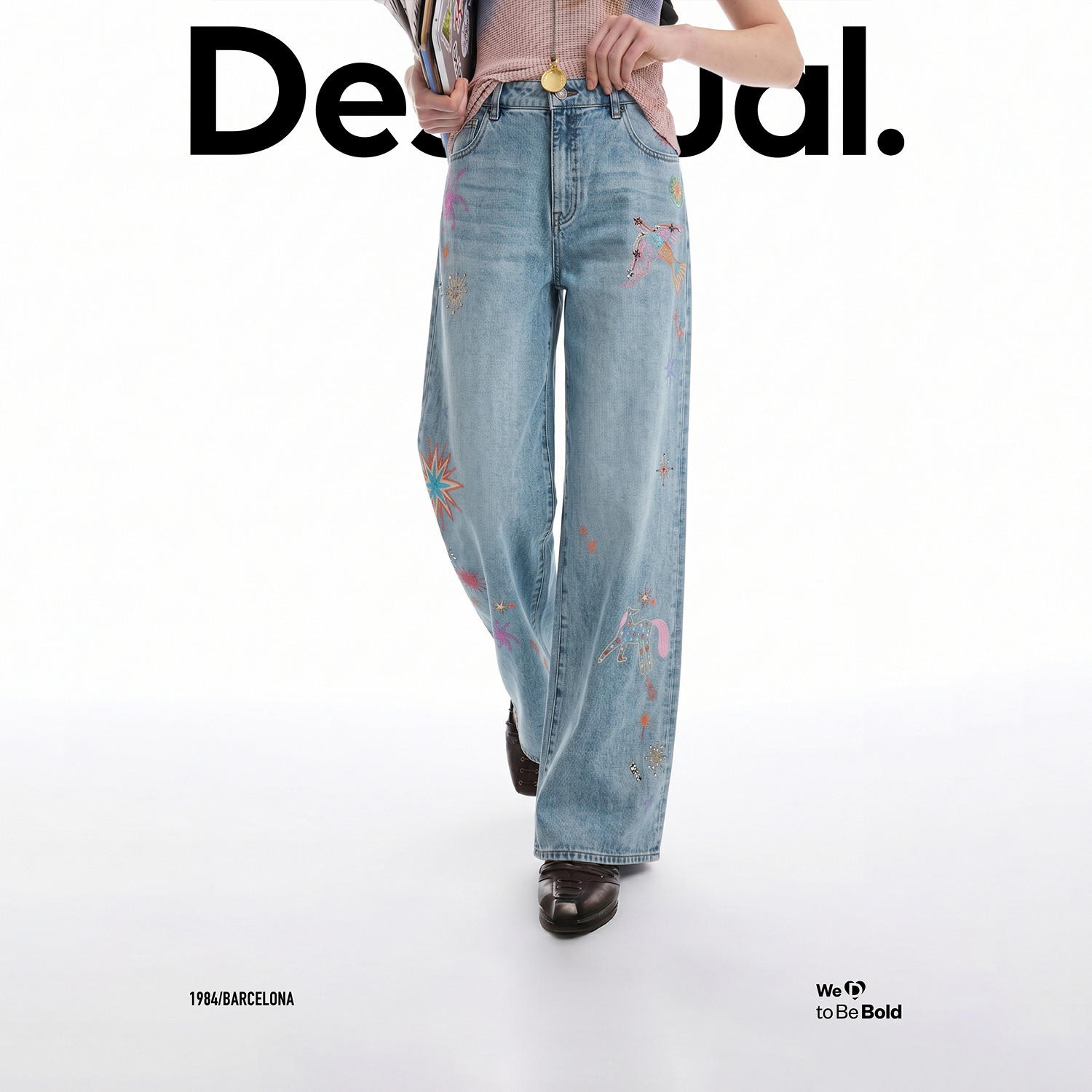 Desigual26春夏新品宽松童话烟花飞鸟绣花钉珠女式牛仔裤