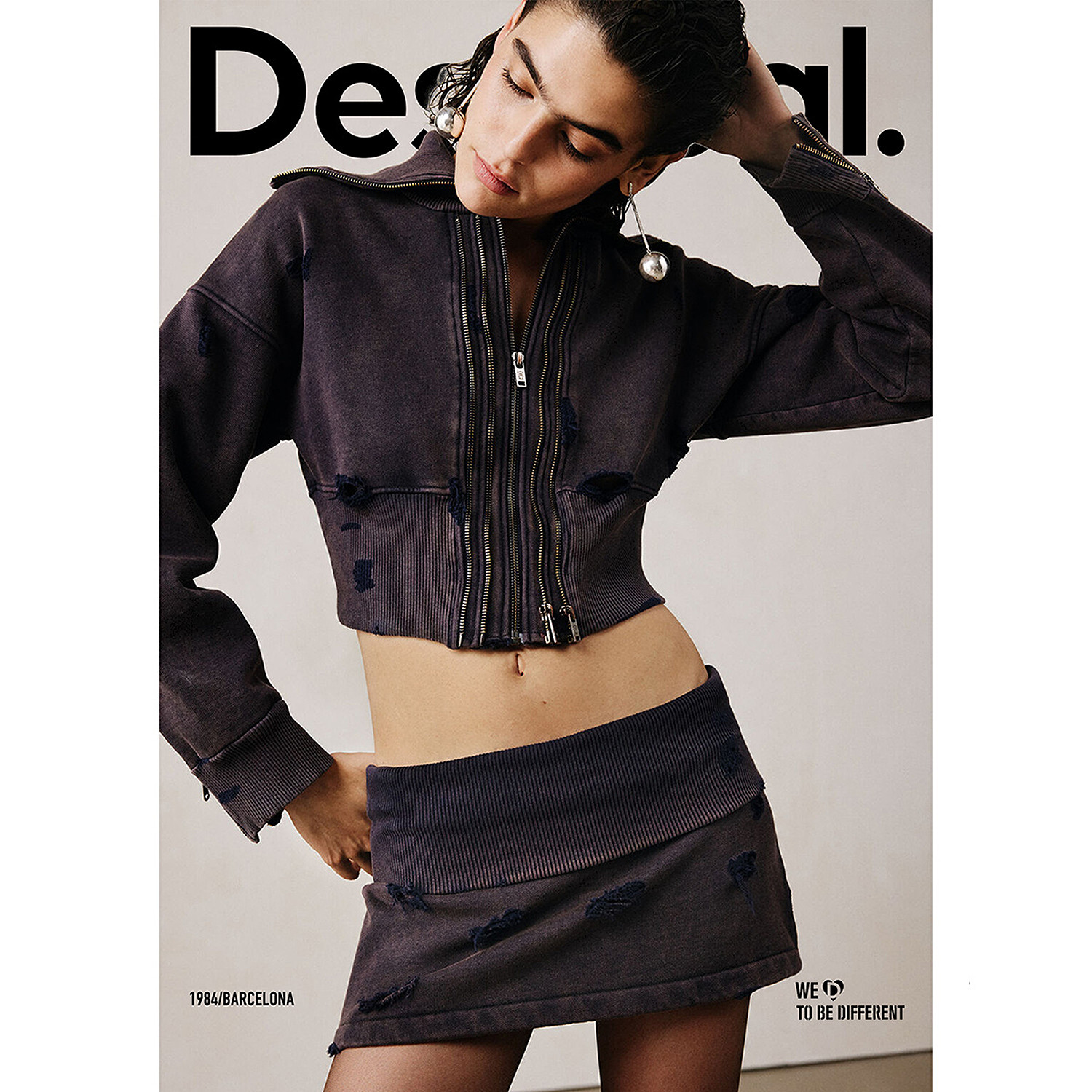 Desigual25秋冬新品Studio系列磨破重水洗螺纹翻边短女士卫衣外套